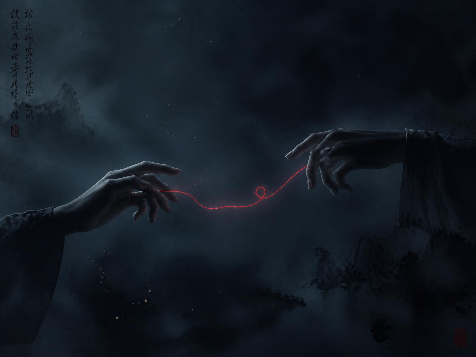 Two hands reaching toward each other, linked by a glowing red thread